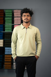 Full Sleeve Collar Neck Popcorn Plain Korean Zipper Tshirt - Pista Green